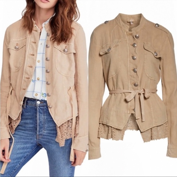 Free People Emilia Jacket Tan Linen Military Lace Hem Button Front Sz XS - Picture 3 of 12